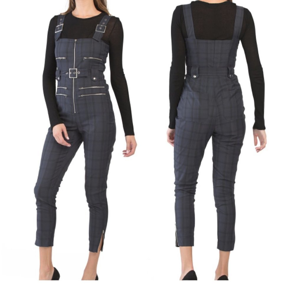 We Wore What Navy Blue Plaid Moto Overalls Jumpsuit XS NWT